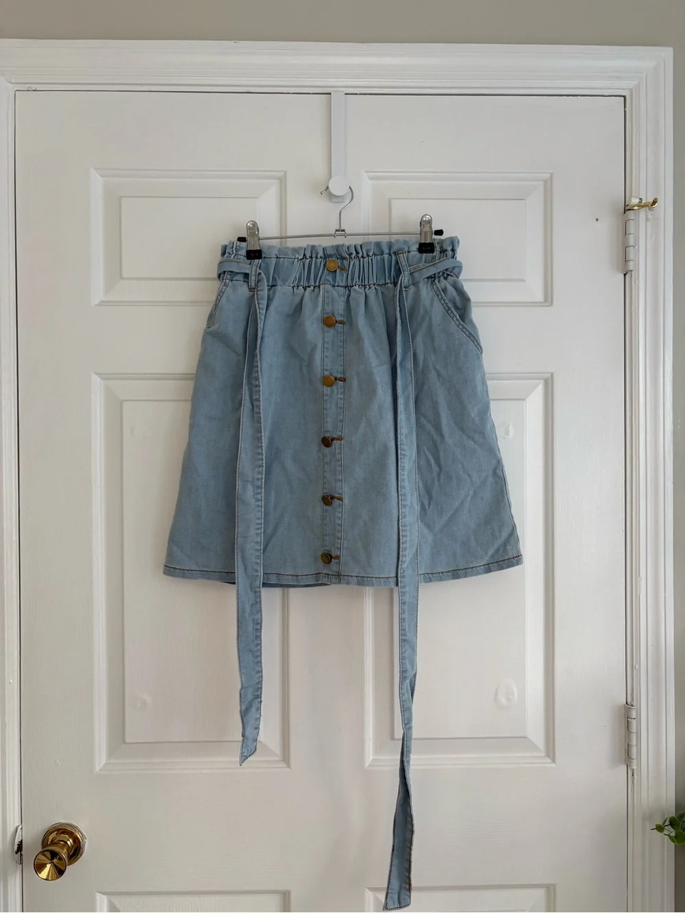 Light Blue Denim Button-Front Paperbag Mini Skirt